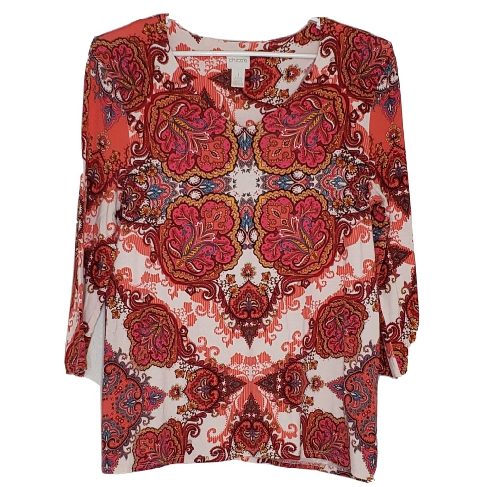 Chico's Top Size 1 Multicolor Paisley Damask Print  3/4 Sleeve‎ V-Neck Blouse
